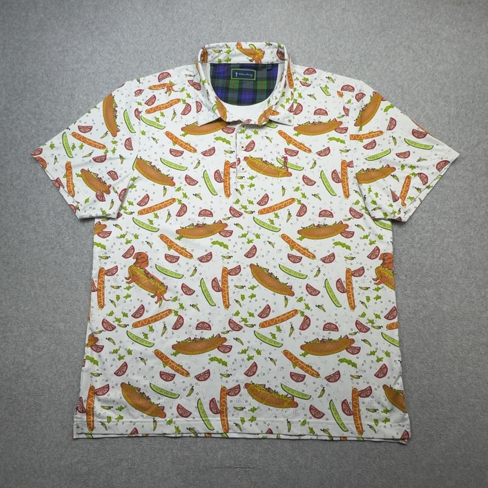 William Murray Polo Shirt Mens XL White Hot Dog Print Golf Performance Stretch